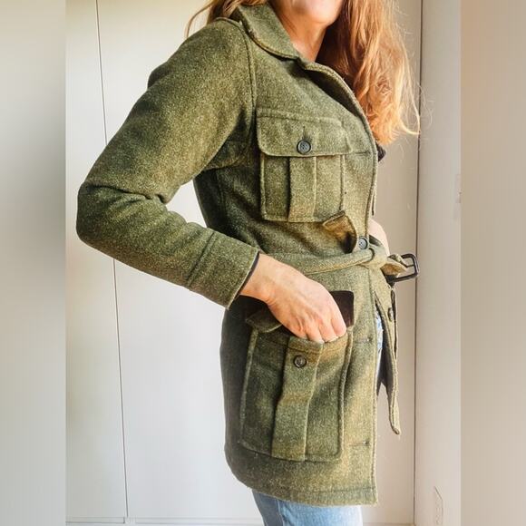Vintage Wool Military Style Womens Olive Green Coat SZ XS Belted Gopcore Utility - Picture 2 of 11